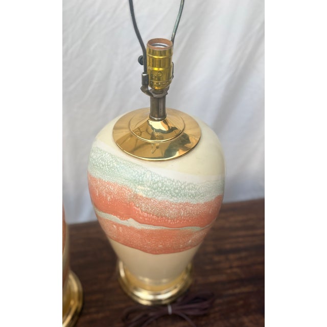 Cream 1980s Postmodern Ceramic Pastel Drip Glaze Table Lamps - A Pair For Sale - Image 8 of 12