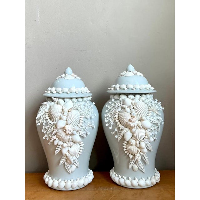 Vintage Shell Encrusted Lidded Ceramic Urns - Pair For Sale - Image 11 of 12