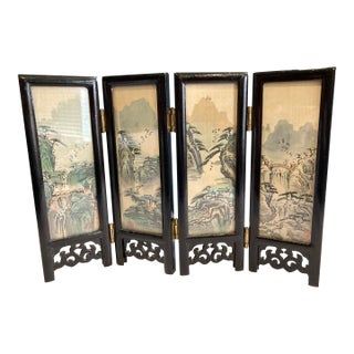 Vintage Asian Folding Table Top Hand Painted Screen For Sale