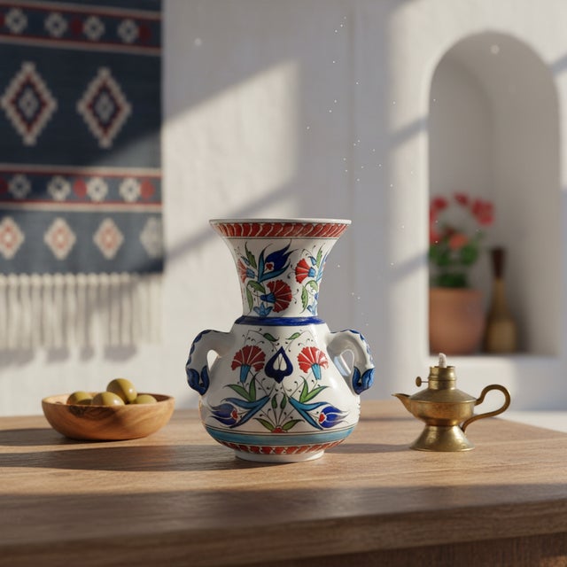 2020s Handmade Ceramic Kandil Vase (20cm) Classic White Floral Triple Handled Form For Sale - Image 5 of 9