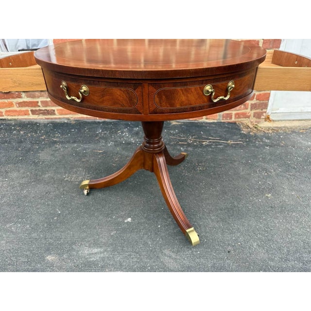 Late 20th Century Baker Furniture Federal Style Inlaid Mahogany Two-Drawer Pedestal Base Drum Table Side Table For Sale - Image 11 of 17