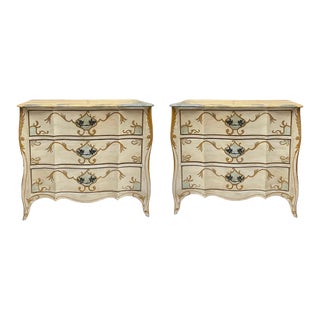 Mid-Century Italian Painted Chests / Commodes W/ French Styling & Faux Marble Tops - Pair For Sale
