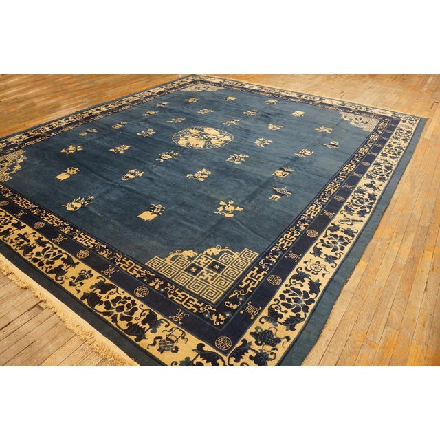 Nice Blue Background Color Refined Minimalist Design Antique Chinese Peking Rug For Sale - Image 12 of 12