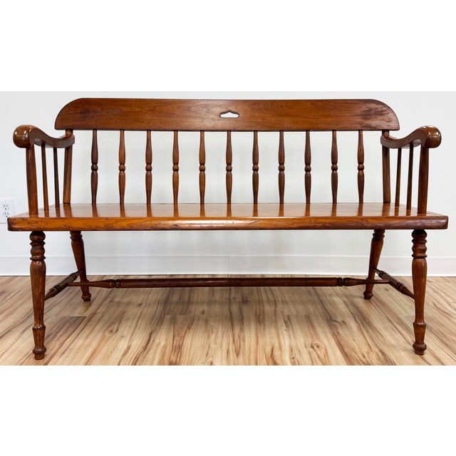 Vintage classic natural wood spindle back Windsor style bench. Rich natural finish to hardwood. Spindle back with curved...