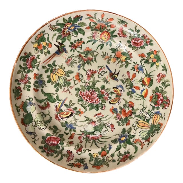 Antique 19th Century Chinese Export Porcelain Famille Rose Plate With Birds and Butterflies on a Celadon Ground For Sale
