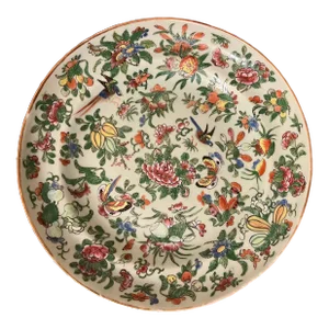Antique 19th Century Chinese Export Porcelain Famille Rose Plate With Birds and Butterflies on a Celadon Ground