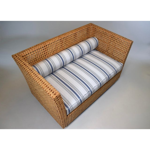 Modern Modern Caned Teak Rattan Loveseat in Blue and White Sunbrella Fabric For Sale - Image 3 of 15