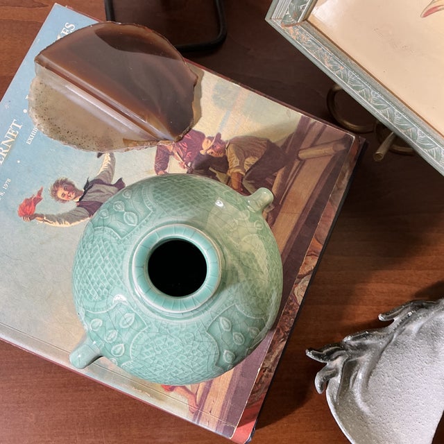 Mid 20th Century Modern Celadon Crackle Glaze Double Handle Vase – Sculptural Studio Pottery For Sale - Image 4 of 8