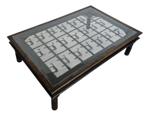 French Brutalist Forged Wrought Iron Coffee Table with Clear Glass Top and Shepherd, Dog and His Herd Decor, 1970s