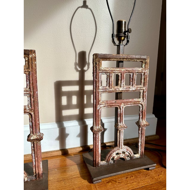 French Cast-Iron Architectural Antique Table Lamps, Pair For Sale - Image 4 of 16