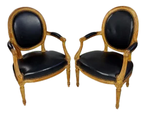 18th Century Original French Chairs Black Leather Upholstered - a Pair