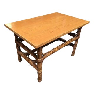 1940s Restored Stick Rattan Side Table With Bleached Mahogany Top For Sale