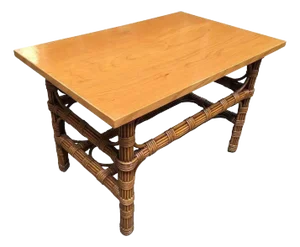 1940s Restored Stick Rattan Side Table With Bleached Mahogany Top