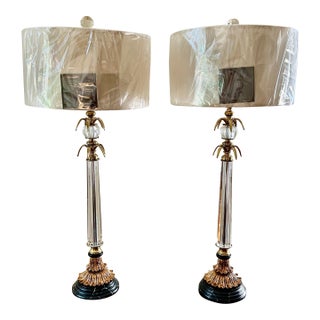 Chelsea House Inc Set of (2). Crystal Stem Lamps With Brass and Brass Marble Base. Restoration New Hardware French Drum Replacement Shades. For Sale