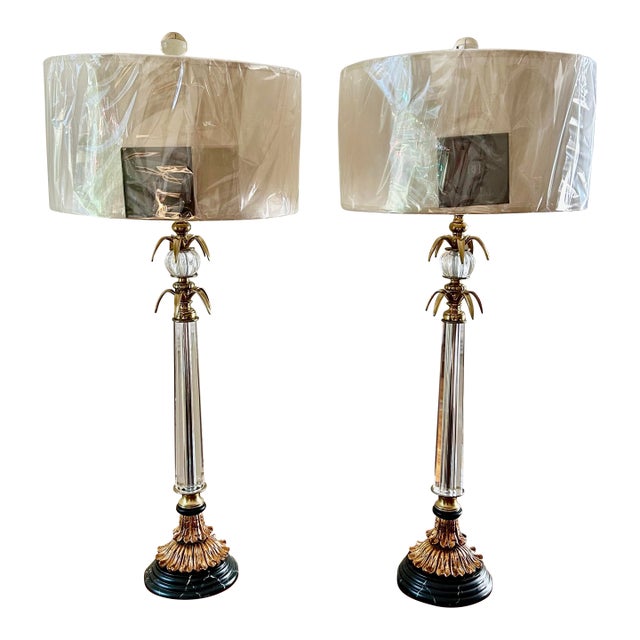 Chelsea House Inc Set of (2). Crystal Stem Lamps With Brass and Brass Marble Base. Restoration New Hardware French Drum Replacement Shades. For Sale