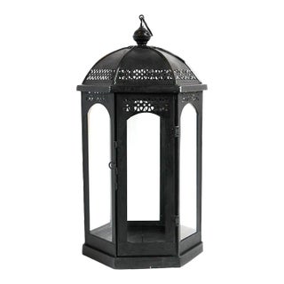 Vintage Ball Top Black Iron Floor Candle Stand / Lantern Small For Sale