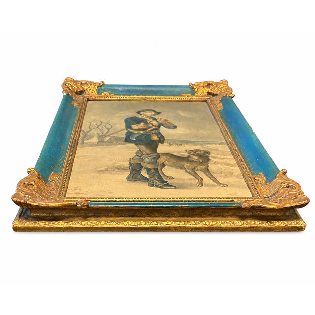 French Late 19th Century French Blue & Gilt Ormolu-Mounted Picture Frame With Hunter Print For Sale - Image 3 of 7