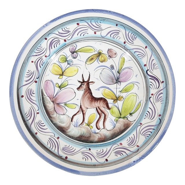 Vintage Ceramic Portugal Majolica Hand Painted Antelope Porcelain Cabinet Plate For Sale