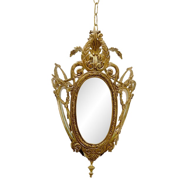 Vintage Bronze Lantern With Etched Glass Panels For Sale