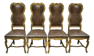 Late 20th Century Italian Baroque Rococo Carved Wood Brown Reptile Print Dining Chairs - Set of 4