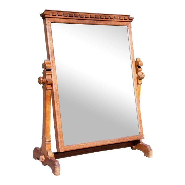 Antique Heavy Oak Wood Frame Free Standing Swivel Cheval Mirror On