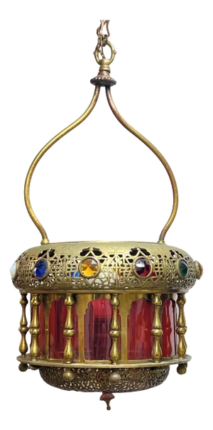 Antique Middle Eastern Bronze and Glass Lantern