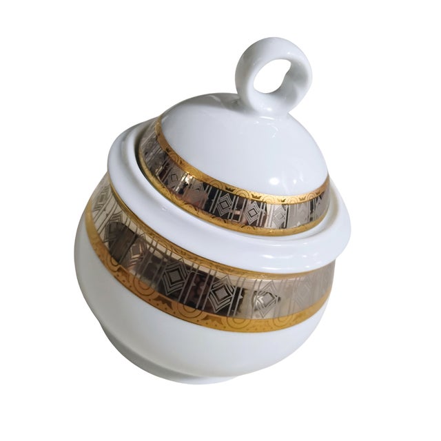 Ceramic Vintage Thun Carlsbad Bohemian Porcelain Covered Sugar Bowl Platinum With Gold For Sale - Image 7 of 8