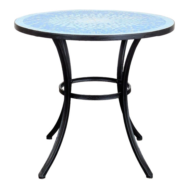 Crate & Barrel Round Mosaic Tile Patio Table With Metal Base For Sale