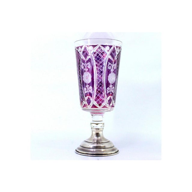 Purple Burgundy Cut Glass Jug on Silver Base with Frieze For Sale - Image 8 of 8