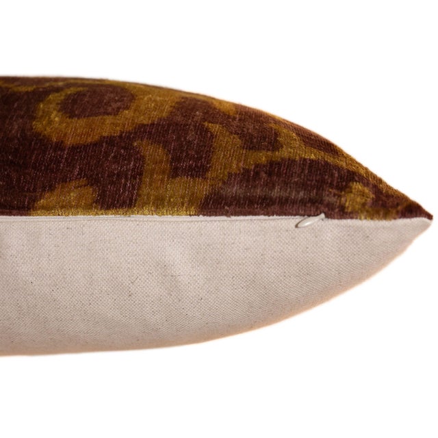 Mid-Century Modern Hand-Knotted Ochre & Mahogany Ikat Lumbar Pillow - 16x24 Organic Dyed For Sale - Image 3 of 8