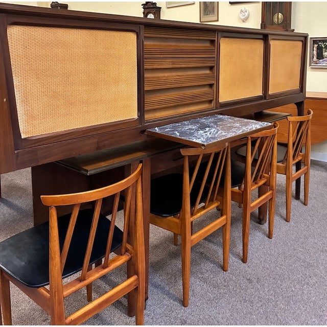 Iconic European Mid Century Modern Teak & Wicker Nesting Dining Suite W/ Credenza, Dining Table & Four Chairs c.1960 For Sale - Image 10 of 18