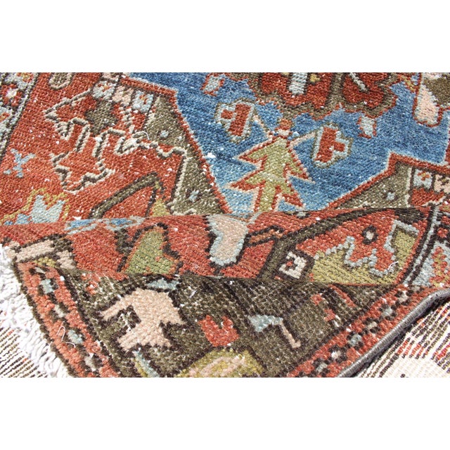 Antique Persian Heriz Runner With Geometric Medallion Design in Red, Olive, Blue 3'2"x11'7" For Sale - Image 11 of 11