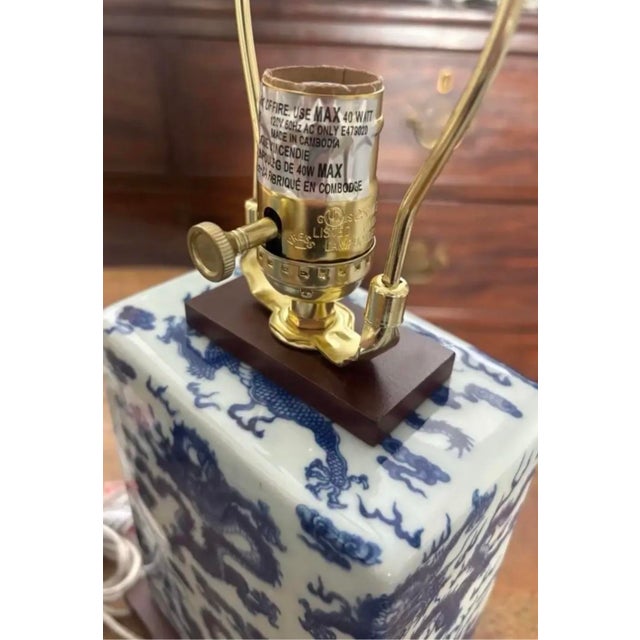 Contemporary Contemporary Ralph Lauren Blue and White Petite Square Lamps With Dragon Design and Square Fabric Shades - A Pair For Sale - Image 3 of 7