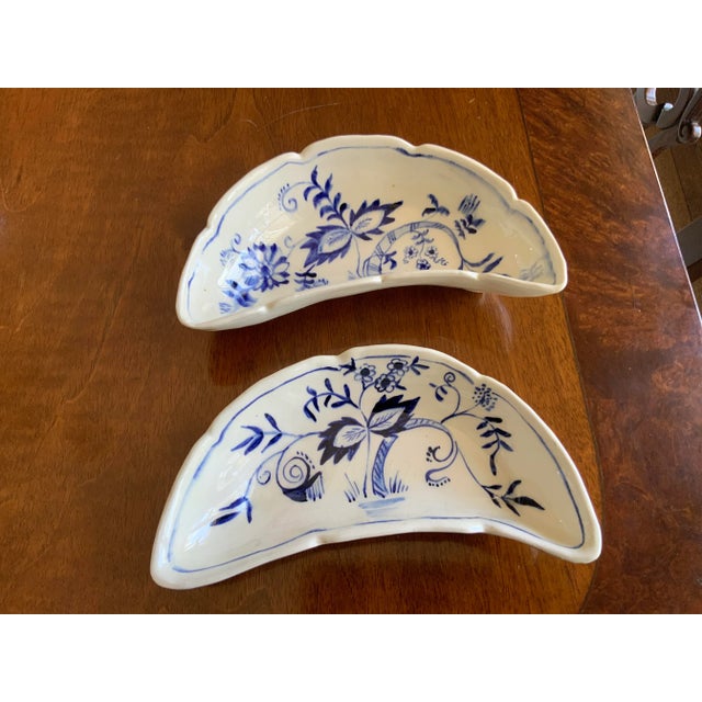 Antique Blue & White Floral Half Moon Dishes- a Pair For Sale - Image 11 of 11