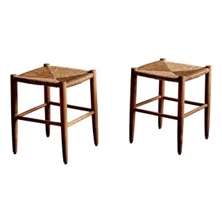 Beechwood Stools with Woven Rush Seats, France, 1950s, Set of 2 For Sale