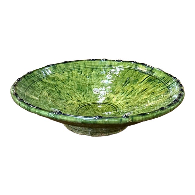 Mid-Century French Provençal Green Glazed Terracotta Footed Bowl For Sale