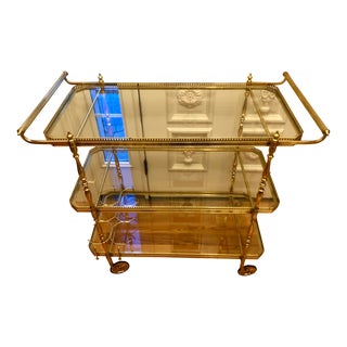 1950s French Vintage Brass Cocktail Bar Tea Serving Cart For Sale