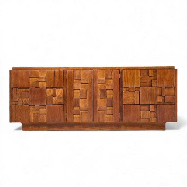 Lane Staccato Brutalist Mid Century Walnut Lowboy Dresser This lowboy measures: 78 wide x 19 deep x 30.25 inches high...