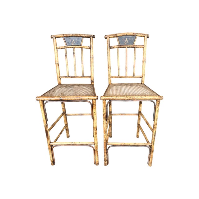 Brown 1960s Asian Pagoda Style Bamboo Table & Four Stools With Scenic Painted Panels For Sale - Image 8 of 15