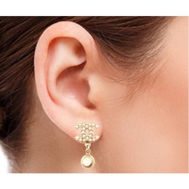 Contemporary Chanel Vintage Gold Plated CC Pearl Opal Dangle Small Piercing Earrings, A Pair For Sale - Image 3 of 5