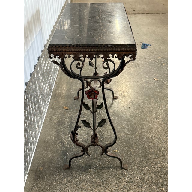 Metal 1920s Black Marble Wrought Iron Table W Flowers For Sale - Image 7 of 9