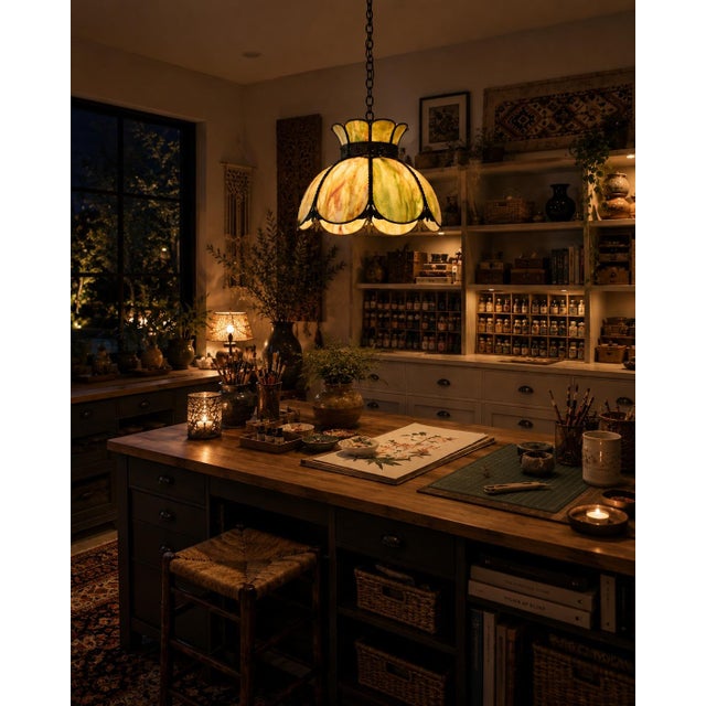 Early 20th Century Antique Avocado Ceiling Light Shade With Slag Glass and Bronze Bands For Sale - Image 5 of 18