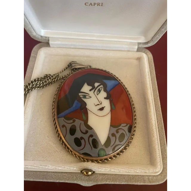 Art Deco Chain with Woman's Portrait Pendant in Painted Porcelain and Silver, 1920s For Sale - Image 6 of 8