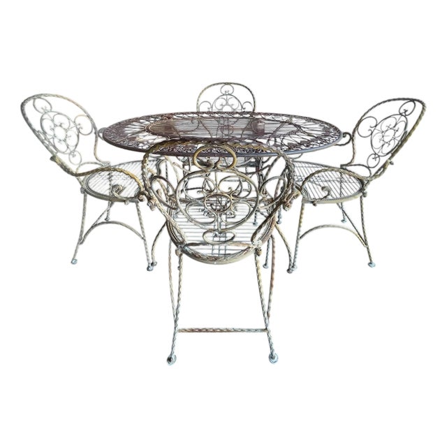 Vintqge European Scrolled Wrought iIron Garden Patio Table and Four Chairs. Set of 5 For Sale