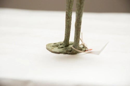 Vintage AfricanOxidized Bronze Crowned Stork With Fish Sculpture