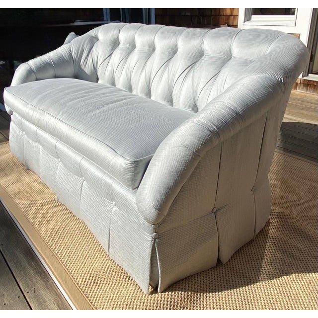 Traditional Custom Blue Tufted Sofa With Pleated Skirt For Sale - Image 3 of 15