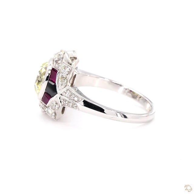 1920s Art Deco 2.47 Carat Old European Cut Diamond Onyx Ruby Gold Ring, Size 6.5 For Sale - Image 5 of 9