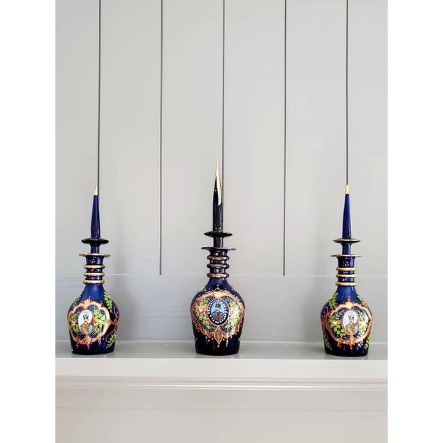 Bohemian 19th Century Gilt Enameled Cobalt Art Glass Decanters - Set of 3 For Sale - Image 11 of 11