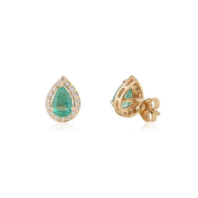 Metal Handcrafted 1.37ct Pear Emerald & Diamond Halo Stud Earrings in 18k Yellow Gold- A Pair For Sale - Image 7 of 14