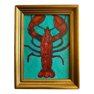 Original Oil Painting of a Lobster on Turquoise Background by Alexandra Brown For Sale